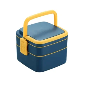 Double-Layer Portable Lunch Box With Carrying Handle and Spoon Blue
