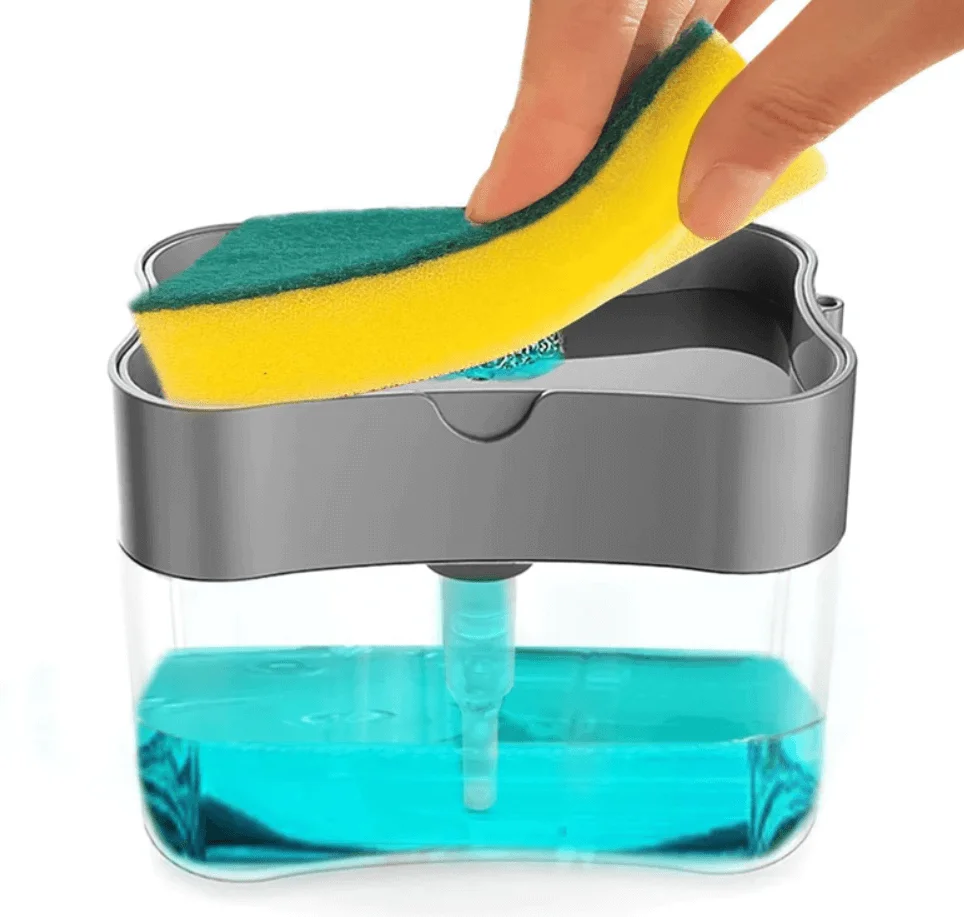 2 in 1 Sponge Holder Soap Dispenser, Manual Press Liquid Pump